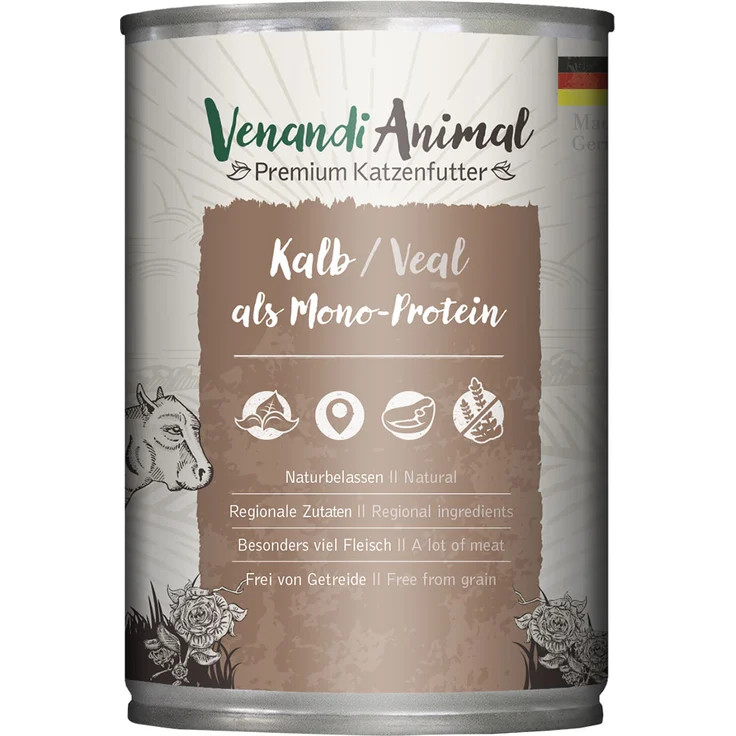 Venandi Animal Monoprotein 6 x 400 g, Katzen-Nassfutter mit Kalb, geeignet für sensible Katzen, ohne Getreide und Zuckerzusatz