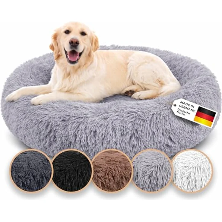 Belune® Hundebett, mit waschbarem Bezug, 80cm, M, Hellgrau, aus 100% veganem Kunstfell, rutschfest und komfortabler Polsterrand – Bild 1