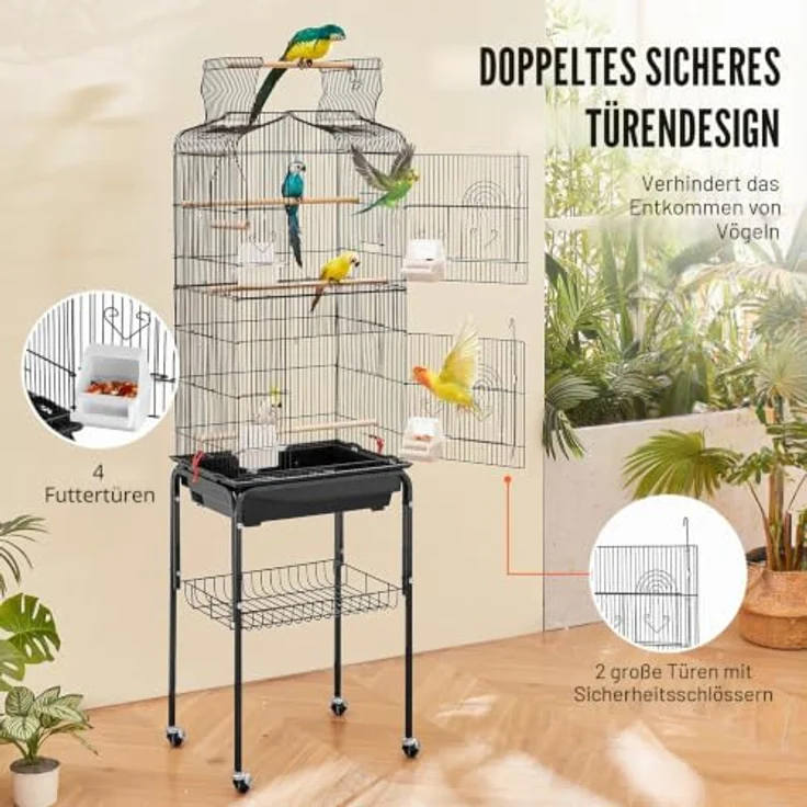 VEVOR Vogelkäfig 45,7x35,5x151cm, Vogelvoliere mit offener Oberseite, 4 Sitzstangen und rollbarem Ständer, herausnehmbares Tablett, für Wellensittiche und Papageien – Bild 4