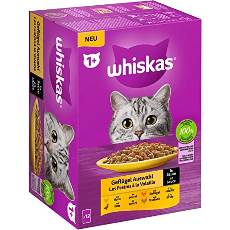 Whiskas 1+ Katzenfutter Geflügel Auswahl in Sauce, 12x85g – Hochwertiges Nassfutter für ausgewachsene Katzen mit 100 % hochwertigen Zutaten, Protein für starke Muskeln, Vitamin C und Zink für gesunde Haut und Fell – Bild 1