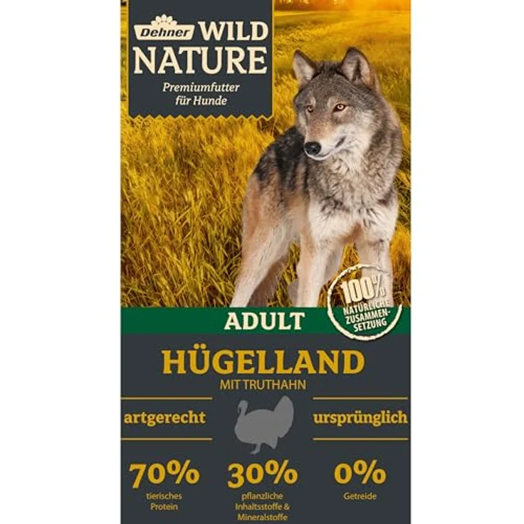 Dehner Wild Nature Hundefutter Hügelland, getreidefreies Trockenfutter mit hohem Fleischanteil für ausgewachsene Hunde, Truthahn, 4 kg – Bild 3