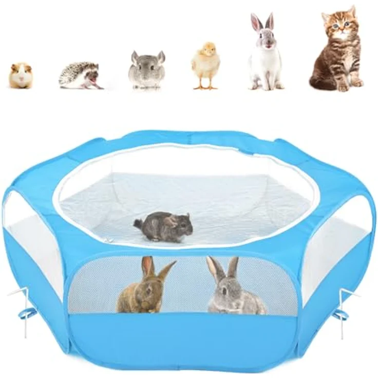 Pawaboo Kleintiere Freigehege, Wasserdicht Faltbar für Hasen, Hühner, Kätzchen und Welpen, Visuell Laufstall mit Netz und Nylonboden, 133 cm x 38 cm - Blau – Bild 1