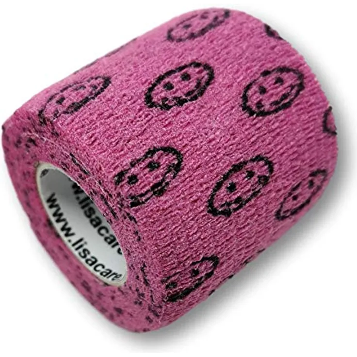LisaCare selbsthaftende Fixierbinde, 2 Rollen 5cm breit, elastisch und kinderfreundlich, Motiv Smiley rosa, für Wundversorgung und Trösten