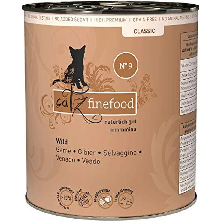 catz finefood N° 9 Wild Feinkost Katzenfutter nass, 70% Wild, verfeinert mit Kartoffel & Preiselbeere, 6 x 800g Dosen – Bild 1