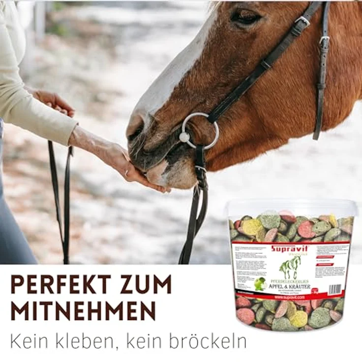 Supravit Pferdeleckerlies Apfel & Kräuter 2kg, natürliche zuckerfreie Snacks für Pferde und Ponys, aromatische Kräutermischung, wiederverschließbarer Eimer – Bild 5