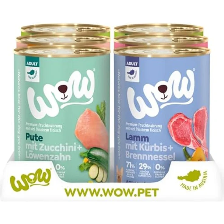 Wow Hundefutter nass Adult Mixpaket 6 Sorten x400g, reichhaltiges getreidefreies Nassfutter für ausgewachsene Hunde aller Rassen, 71% Fleischanteil, ohne Zucker, hohe Verträglichkeit – Bild 3