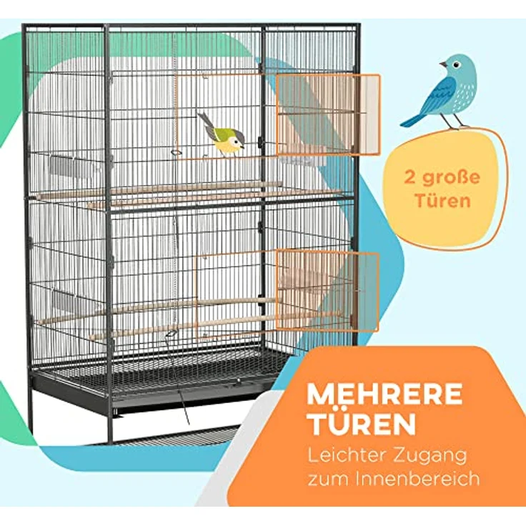 PawHut Vogelkäfig Vogelbauer, Vogelhaus mit Sitzstangen und Rollen, für kleine Vögel, Stahl, Grau, 94 x 57 x 153 cm – Bild 3