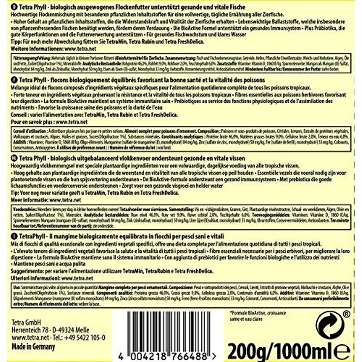 Tetra TetraPhyll Flakes, Flockenfutter für pflanzenfressende Zierfische mit Ballaststoffen, 1 Liter Dose – Bild 2