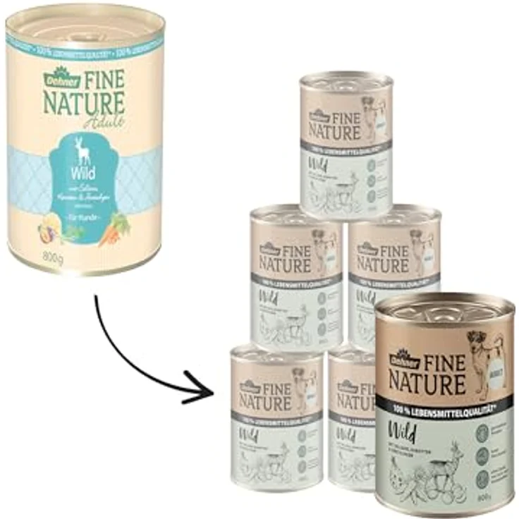 Dehner Fine Nature Hundefutter, Nassfutter in Lebensmittelqualität, getreidefrei für ausgewachsene Hunde, Wild mit Sellerie und Karotten, 6 x 800 g Dose (4.8 kg) – Bild 3