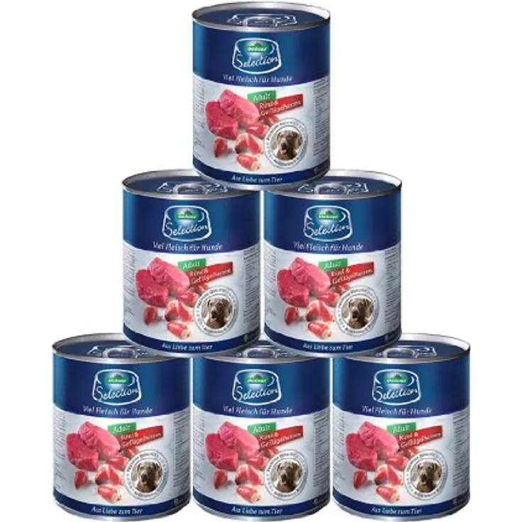 Dehner Premium Hundefutter Nassfutter, getreidefrei für ausgewachsene Hunde, Rind / Geflügelherzen, 6 x 800 g Dose (4.8 kg)