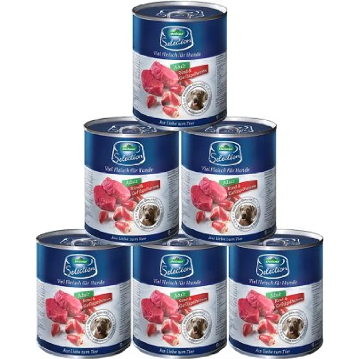 Dehner Premium Hundefutter Nassfutter, getreidefrei für ausgewachsene Hunde, Rind / Geflügelherzen, 6 x 800 g Dose (4.8 kg) – Bild 1