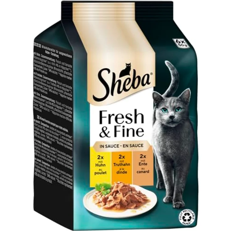 SHEBA® Portionsbeutel Multipack Fresh & Fine in Sauce, Katzen-Nassfutter mit Huhn und Truthahn, 6 x 50g, ohne künstliche Farb- und Konservierungsstoffe