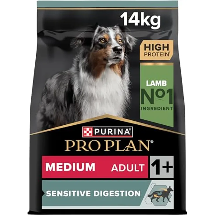 PURINA PRO PLAN Medium Adult Lamm & Reis Sensitive Digestion, Sparpaket 2 x 14 kg, Hochverdauliches Trockenfutter für mittelgroße Hunde mit Prebiotika und hochwertigem Lamm