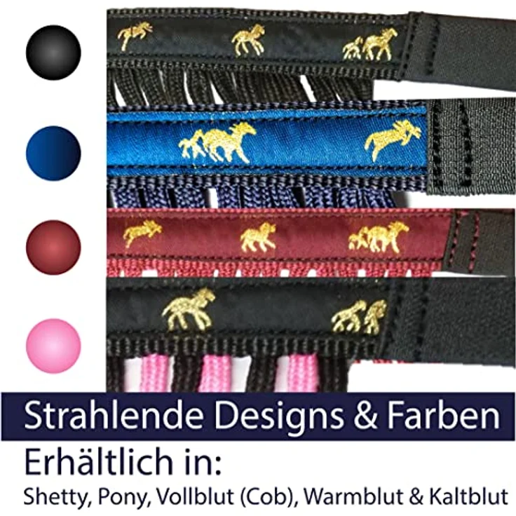 Pferdelinis Fliegenfransen Fliegenmaske mit Klettverschluss, effektiver Insektenschutz für Shetty in Blau, extra lange Fransen – Bild 5