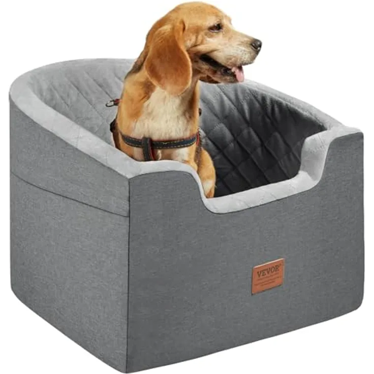 VEVOR Hunde Autositz, 560 x 508 x 410 mm, mit Aufbewahrungstasche, Sicherheitsleine und Schwammfüllung, für kleine und mittelgroße Hunde bis 25 kg, Grau