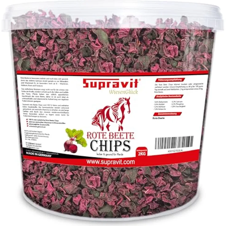 Supravit Rote Beete Chips, 2kg Eimer - Pferdeleckerlis ohne Zucker, 100% Natur, schmackhafte Ergänzung für alle Pferde