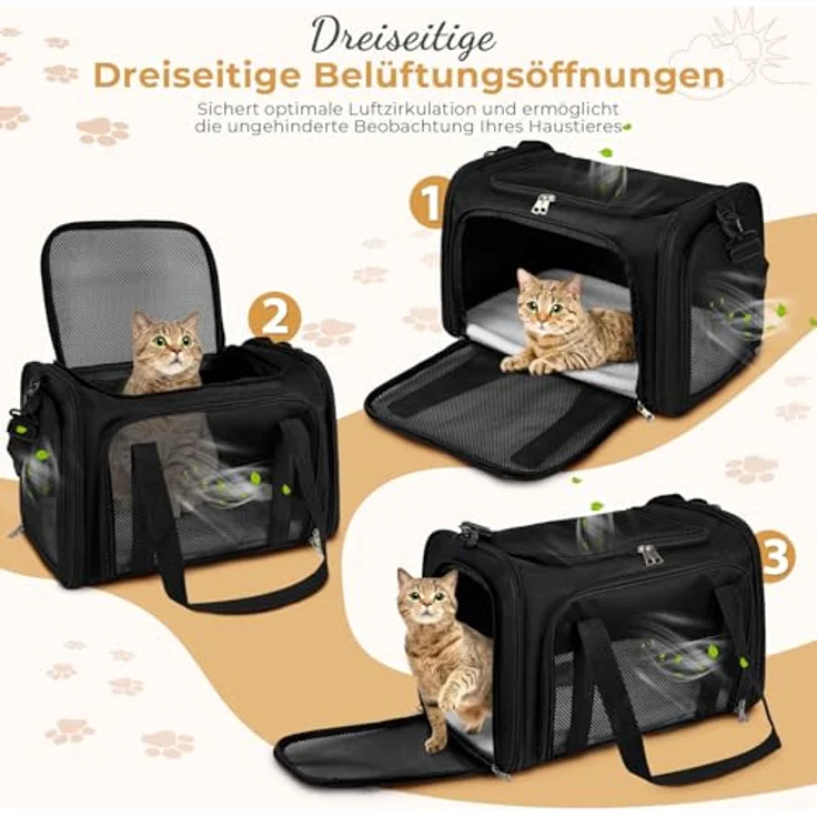 Lohofrnny Transporttasche Katze, Faltbare Tragetasche für Haustiere bis 5kg, Wasserabweisendes Polyester, schwarz, 43x28x28cm – Bild 5