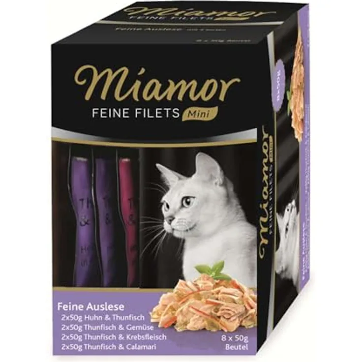 Miamor Feine Filets Mini 8x50g Mixpaket 1, Katzenfutter mit Huhn und Thunfisch in delikater Jelly, fettarm und leicht verdaulich