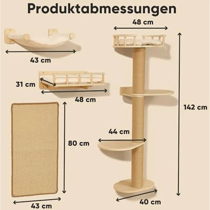 FUKUMARU Kletterwand Katzen-Set, 4 in 1 Wandmöbel mit Hängematte, Kratzbaum, Wandregalen und Sisalmatte – Platzsparend, Beige – Bild 2