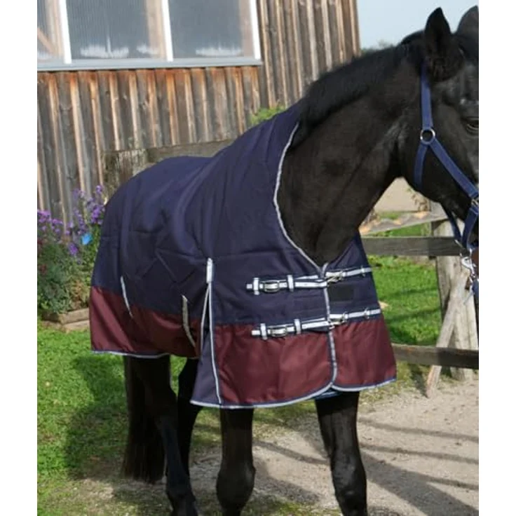 AMKA Pferde Weideoutdoordecke HIGH Neck 1200D, 50 g Füllung, wasserdicht und atmungsaktiv, dunkelblau/weinrot, mit Kreuzgurten und Schweiflatz – Bild 3
