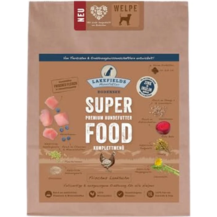 Lakefields Premium SUPERFOOD Huhn für Welpen, Trockenfutter-Sensation mit hoher Nährstoffdichte, 3 x 1 Kg