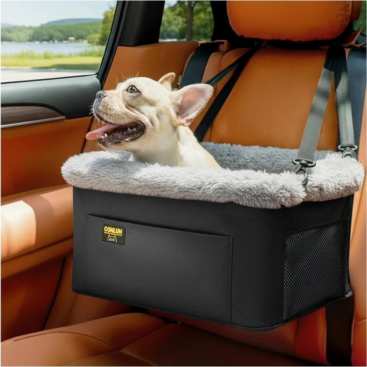 LuxusKollektion Hunde-Transportbox, Hundeautositz für kleine Hunde und Katzen bis 9 kg, Stahlrahmen, Sicherheitsleine, Fronttasche, Schwarz