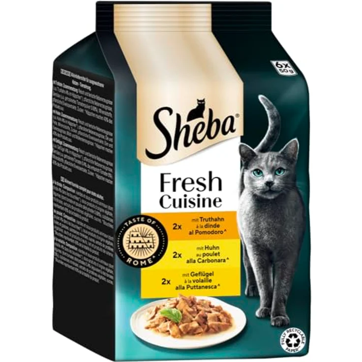 SHEBA® Portionsbeutel Multipack Fresh Cuisine Taste of Rome, Katzen-Nassfutter mit Truthahn und Huhn, 6 x 50g, ohne künstliche Farb- und Konservierungsstoffe