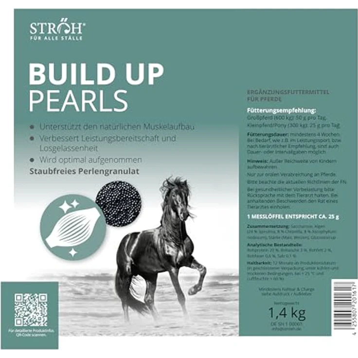 STRÖH Build Up Pearls, Pferdefutter für Muskelaufbau & Kondition, Aminosäuren-Komplex mit Vitaminen, 1,4 kg Feedbox Dose – Bild 2