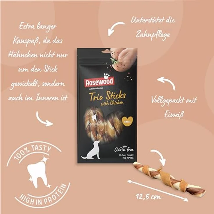 Rosewood Trio Sticks Huhn Small, Feste Kaustangen aus Rinderhaut für kleine Hunde, fördert die Zahngesundheit, ohne Getreide und Gluten, 6er Pack (6x100 g) – Bild 3