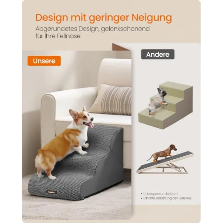 Feandrea Hundetreppe 3 Stufen, Kurzplüsch, wasserdicht und rutschfest, für Bett und Sofa, abnehmbarer waschbarer Bezug, schiefergrau PPS013GN01 – Bild 3