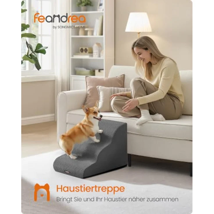 Feandrea Hundetreppe 3 Stufen, Kurzplüsch, wasserdicht und rutschfest, für Bett und Sofa, abnehmbarer waschbarer Bezug, schiefergrau PPS013GN01 – Bild 2