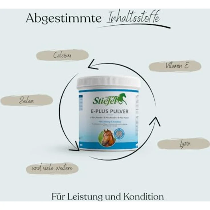 Stiefel E-Plus, Pferdefutterzusatz für mehr Leistungsbereitschaft, Kondition & Belastbarkeit, mit Vitaminen E, Selen und Lysin, Pulver, 1kg – Bild 2