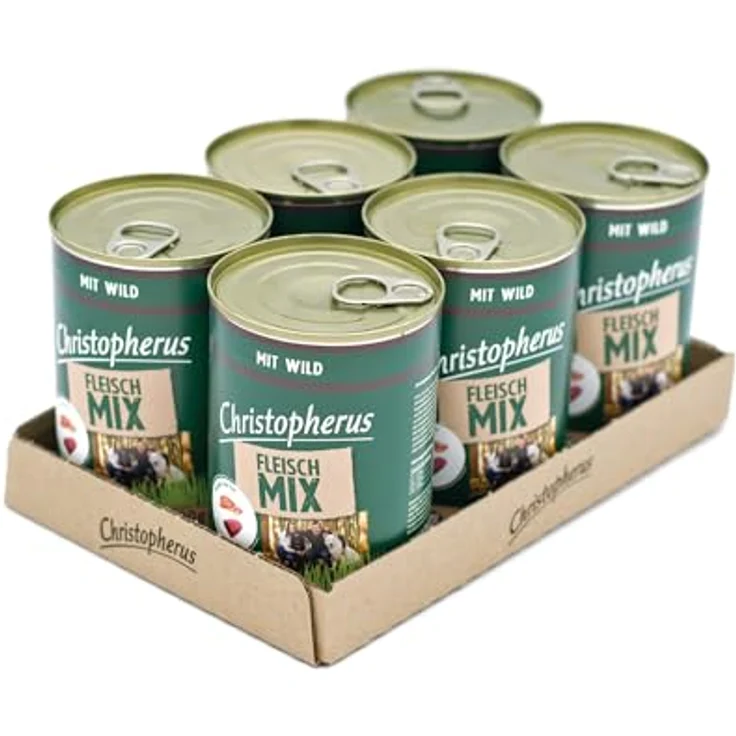 Christopherus Fleischmix mit Wild, Getreidefreies Nassfutter für Hunde, 6 x 400 g Dosen – Bild 1