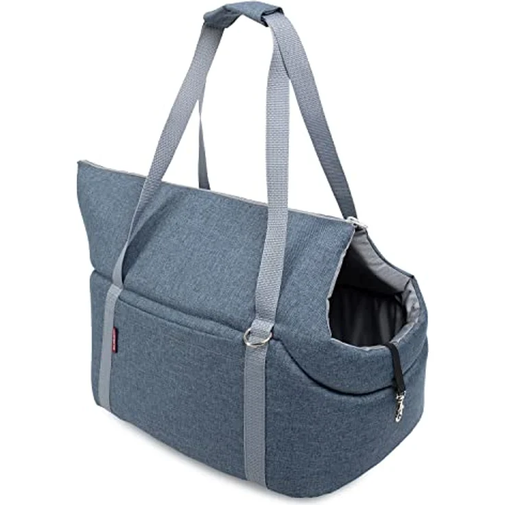 BOUTIQUE ZOO Transporttasche für Hunde und Katzen, Schultertasche mit Gummiband und Karabiner, bis 15 kg, Größe L, Denim-Imitat, mit abnehmbaren Schultergurt und Halteleine – Bild 1