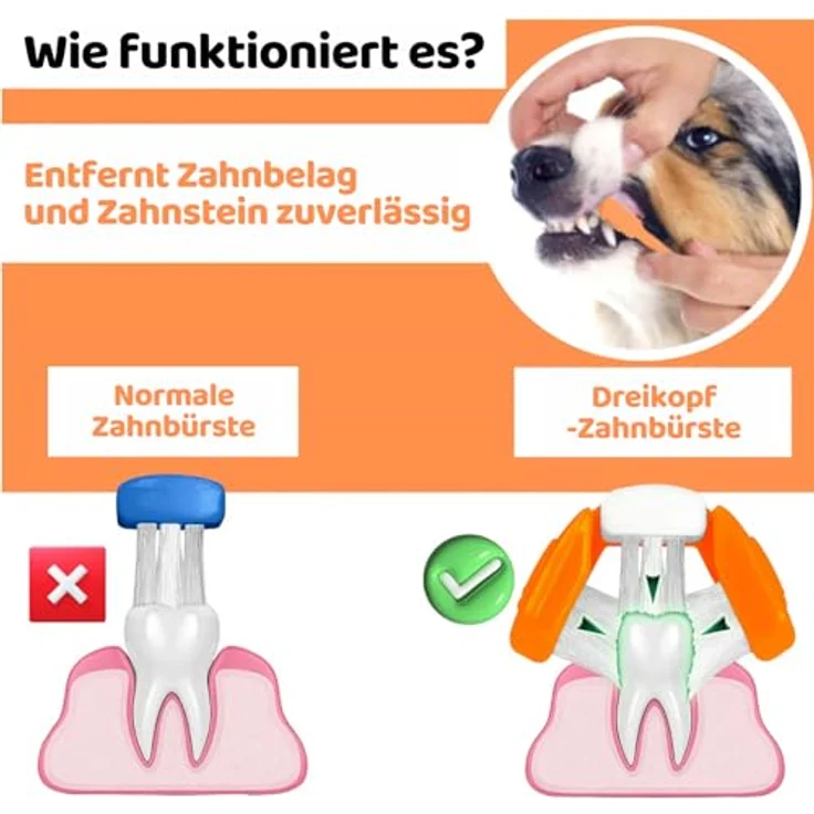 DogsLife Hundezahnbürste Set, dreiköpfige Zahnbürste mit 100% natürlicher Zahnpasta gegen Zahnstein und Zahnbelag, für frischen Atem, geeignet für alle Rassen – Bild 3