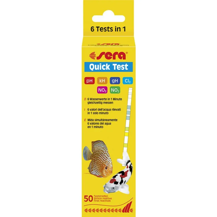 Sera Aquarium-Wassertester Quick Test, 50 Teststreifen für pH, KH, GH, NO3, NO2 und Cl, einfache Anwendung
