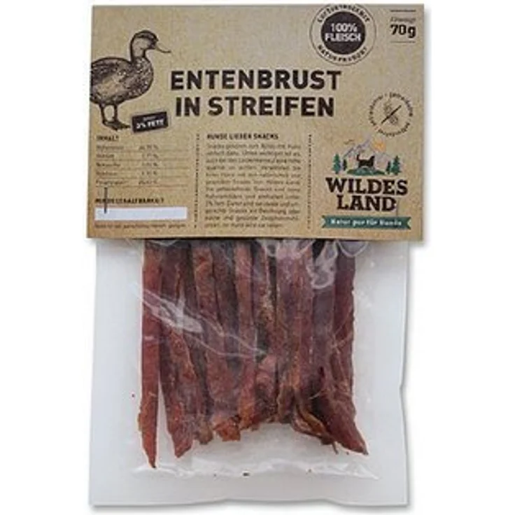 WILDES LAND Entenbrust in Streifen, 70 g - 93% Fleischanteil, getreide- und glutenfrei, unter 4% Fett - Für Hunde und Katzen