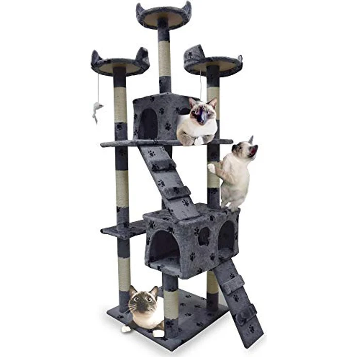BITUXX XL Katzen Kratzbaum, 170 cm hohe Sisal Kratzsäule mit 3 Aussichtsplätzen und 2 Plüschhöhlen, Hellgrau mit Pfote – Bild 1