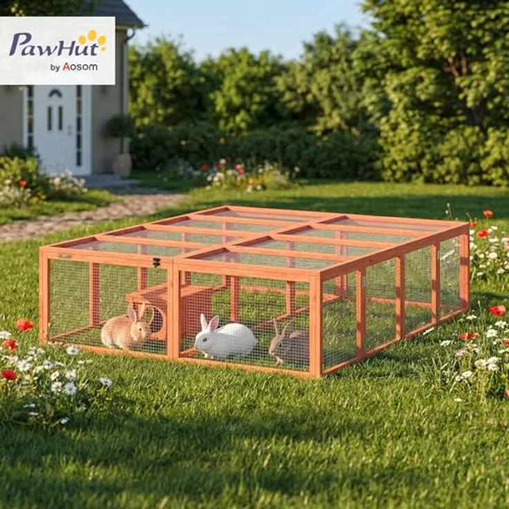 PawHut Kleintierstall Kaninchenstall für 2-4 Zwergkaninchen, Holz mit 2 Türen, Unterschlupfhaus, 180,4x150x48 cm, Orange – Bild 2