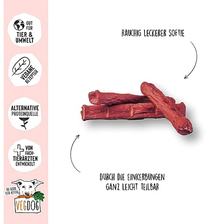 VEGDOG Beevys hypoallergener Snack für Hunde, 100% vegan mit Roter Beete und Reis, 9 x 80 g, glutenfrei und geräuchert mit Buchenholz – Bild 2