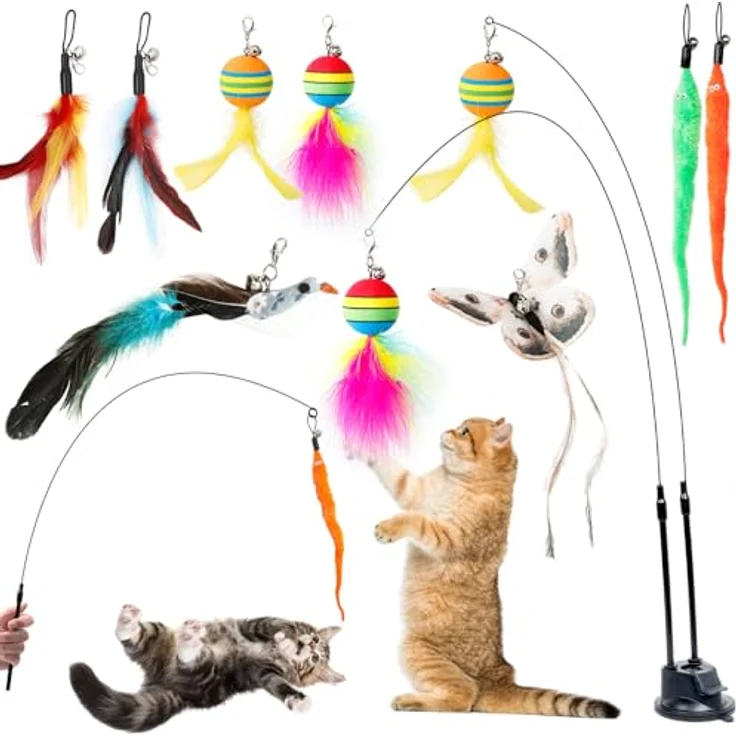 AiQInu 11 Stück Katzenspielzeug Interaktive, Katzenangel mit 2 Saugnäpfen und Glöckchen, Spielzeugset für Katzen aus hochwertigem Material, 92 cm lang – Bild 1