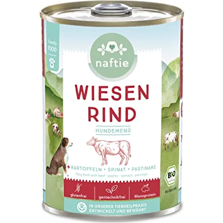 naftie Bio Hundefutter Wiesen Rind, Premium Nassfutter Menü mit Rindfleisch & Kartoffeln, getreidefrei, glutenfrei, purinarm, 400g Dose – Bild 1