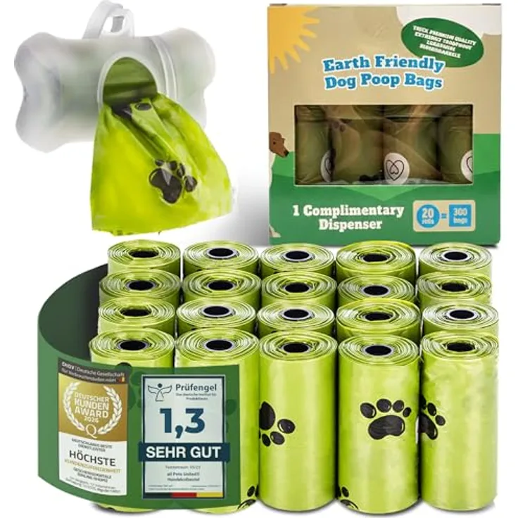ALL PETS UNITED® Hundekotbeutel biologisch abbaubar, 300 Stück, 100% kompostierbar mit Spender, 22 x 31 cm, auslaufsicher und plastikfrei