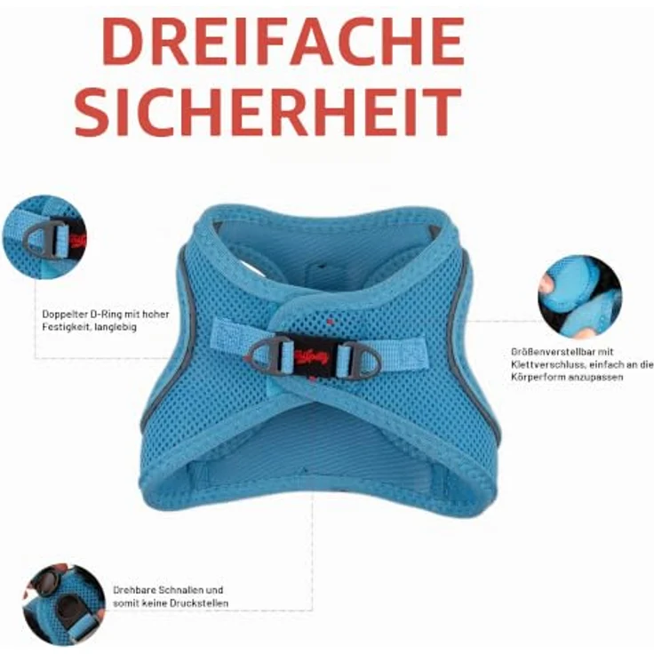 Tailpetz Air-Mesh Brustgeschirr für kleine und mittelgroße Katzen und Hunde – Weich, Atmungsaktiv, Strapazierfähig, Blau, 2XS (Brustumfang 30,5–33 cm) – Bild 2