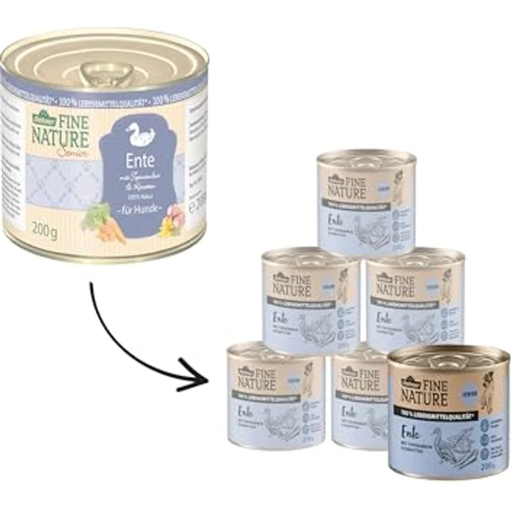 Dehner Fine Nature Hundefutter, Nassfutter in Lebensmittelqualität, für ältere Hunde, Ente mit Topinambur und Karotten, 6 x 200 g Dose (1.2 kg) – Bild 3