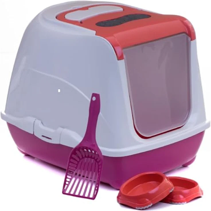 adena Katzentoilette Sondermodell 50, Katzenklo mit Haube in hochglanz weiß, inkl. Schaufel, Anti-Rutsch-Näpfen und Aktivkohlefilter, Himbeer und pink – Bild 1