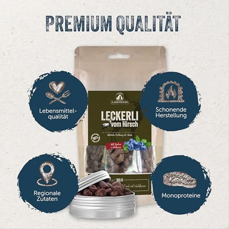 Lakefields Hundeleckerli, Trockenfleischwürfel vom Wild, 90% Hirschfleisch, getreidefrei mit Kartoffeln & Waldbeeren, 50g, ohne Zusätze – Bild 2