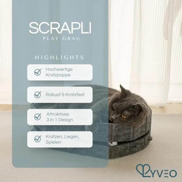 Lyveo Katzenbett mit Kratzbrett & Spielball, 3-in-1 Katzenzubehör für kleine bis mittelgroße Katzen, grau, 43×34×11 cm – Bild 4