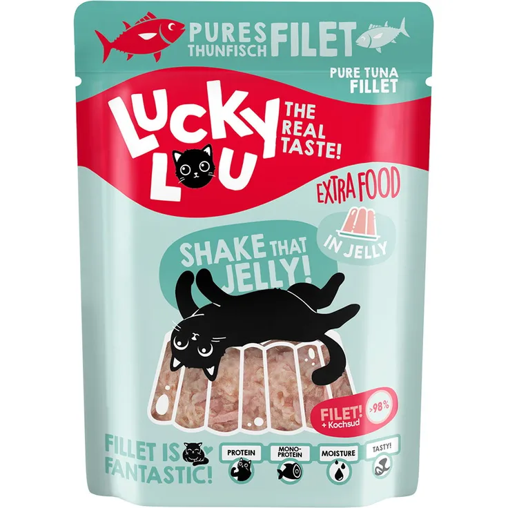Lucky Lou Extra Food Thunfischfilet in Jelly, 12x70g Katzen-Nassfutter für höchste Bekömmlichkeit