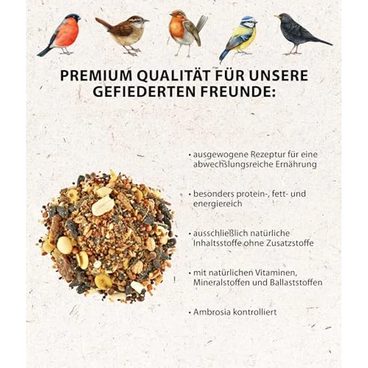 Dehner Natura Premium Wildvogelfutter, 10 kg energiereiches Körner- und Weichfutter für ganzjährige Fütterung mit Nüssen, Früchten & Insekten – Bild 4